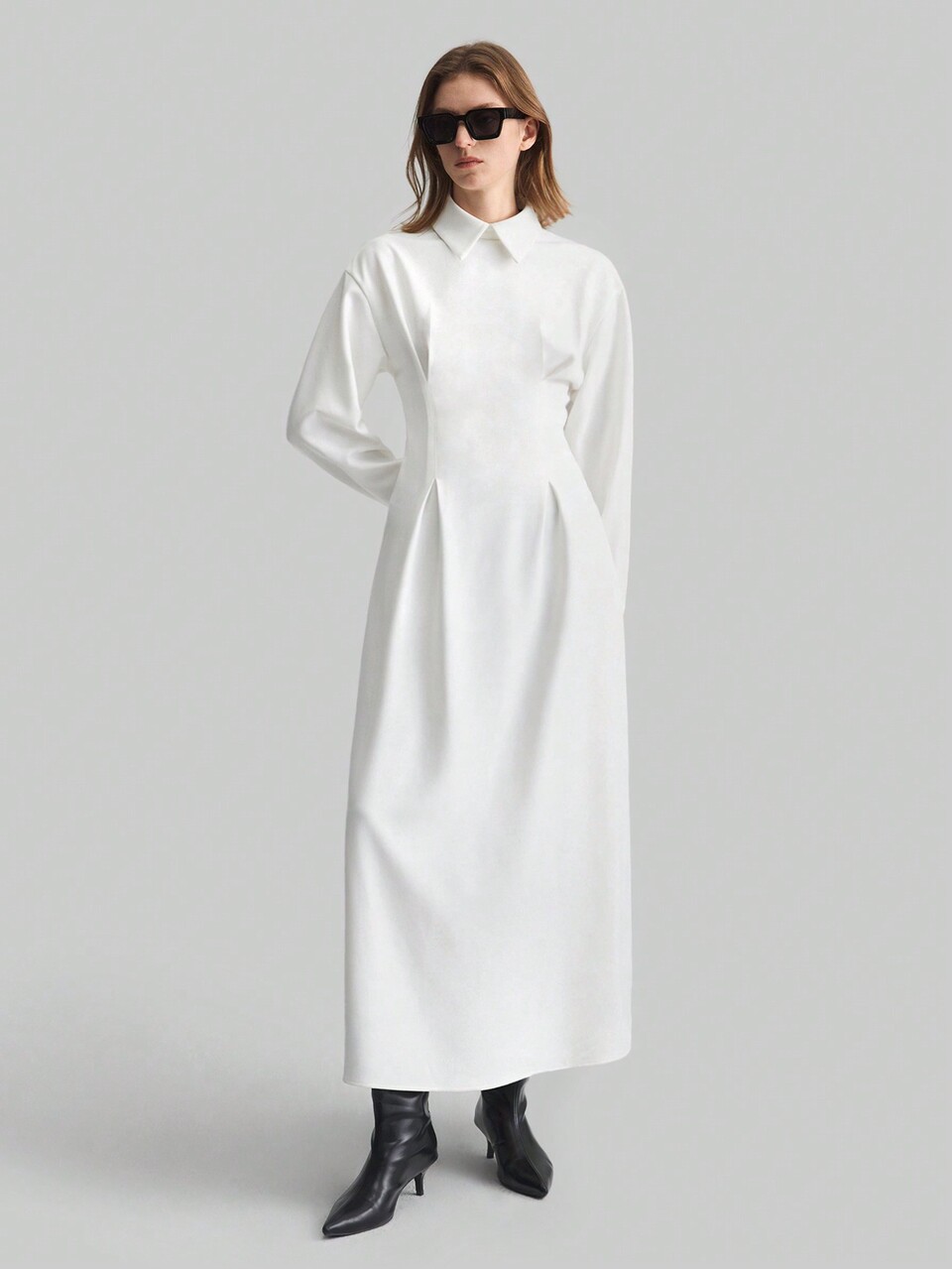 Women's White Cinched Waist Waist Elegant Commuter Wide Hem Drawstring New Year Spring Solid Color Stand Collar Long Sleeve Casual Dress