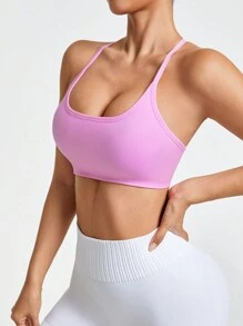 SHEIN Sport Studio Sujetador deportivo de uso diario de unicolor con espalda abierta para mujer