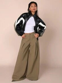 COSMINA Women's Solid Color Patchwork Front Zipper Long Sleeve Pocket Simple Casual Jacket