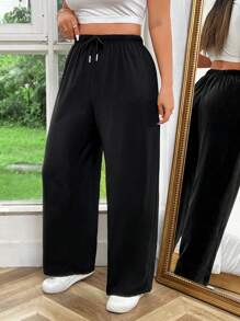 Sweetra Pantalones anchos de talla grande de unicolor casual con cordón y cintura elástica