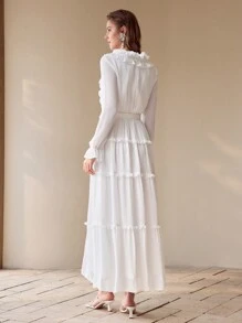 MOTF PREMIUM VESTIDO LARGO CON VOLANTES Y ENCAJE DE CONTRASTE