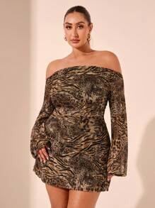 SHEIN X Phaith Montoya SHEIN BAE 大码女式豹纹虎纹露肩喇叭袖连衣裙，适合咆哮的20多岁、茶会、情人节、办公室、新年派对、性感俱乐部、节日派对、端庄、迷你连衣裙、夏季、文艺复兴、除夕夜、西部、乡村音乐会、工作、迪斯科、度假、商务、晚会 - 彩色 - 查看 5