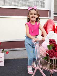 1 Set Young Girl Solid Color Round Neck Top And Front Button Long Pants - Multicolor - View 4