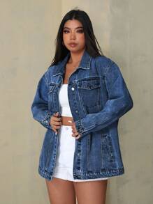 SHEIN EZwear 大码前扣长袖口袋简约休闲牛仔夹克 - 深色水洗藍 - 查看 5