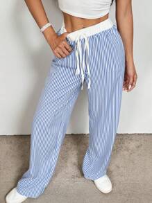 Flirla Pantalones rectos casuales de mujer a rayas azules y blancas - Azul - Ver 5