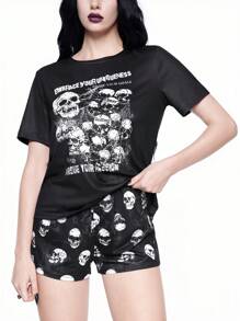 ROMWE Gothic Style Skull Graphic Short Sleeve Shorts Sleepwear Set - Black - View 1