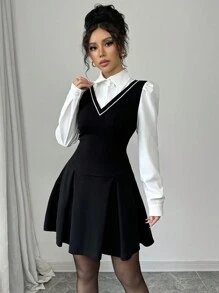Gloray Sexy Elegant One-Piece Dress With Ruffle Collar And Cuffs, Fitted Waist, Pleated Mini , Stretchy Knit Fabric, Suitable For Daily, Date, Party Wear, Autumn/Winter