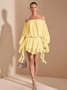 SHEIN BAE 优雅甜美法式纯白色露肩长袖衬衫裙，泡泡袖，不对称荷叶边下摆，适合浪漫约会、生日派对、伴娘服、晚礼服 - 黃色 - 查看 3