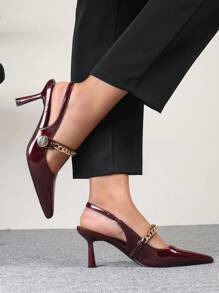 CUCCOO BIZCHIC Pointed Toe High Heel Women's Shoes, Elegant High-Quality Burgundy Single Strap Heels With Gold Chain Detail, For Commuting And Daily Wear New Year Holiday