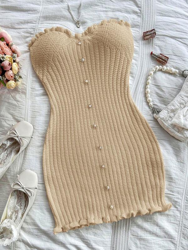 Soleia Vestido camisola ajustado y cómodo con botones y volantes de punto