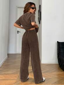SHEIN EZwear Autumn/Winter Casual Homewear Set: Crew Neck Short Sleeve Top And Straight Leg Distressed Loose Pants