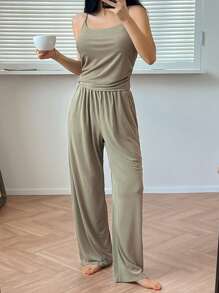 DAZY Simple Solid Color Loose Straight Long Pants Relaxed Fit Camisole Pajama Set - Green - View 5