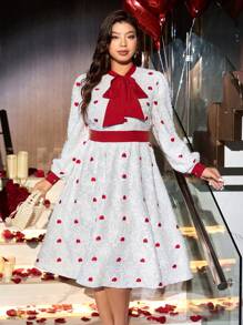 Flirla Đầm dài tay in hình trái tim đỏ thanh lịch cho ngày lễ tình nhân cỡ lớn dành cho nữ - Nhiều màu - Xem 4