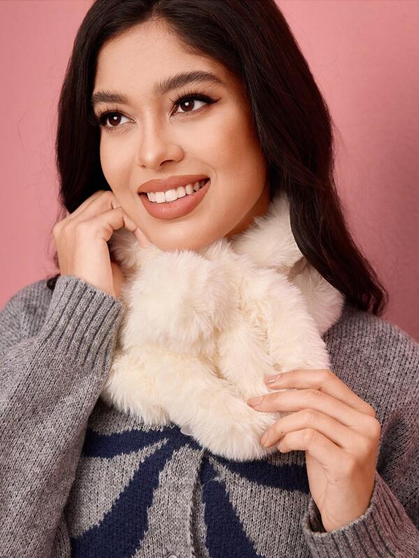 SHEIN MOD 1pc Women's Cute Bow Fluffy Beige Casual Neck Warmer, Winter Scarf