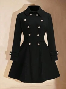 秋冬大码纯色双排扣收腰大衣 - 黑色 - 查看 1