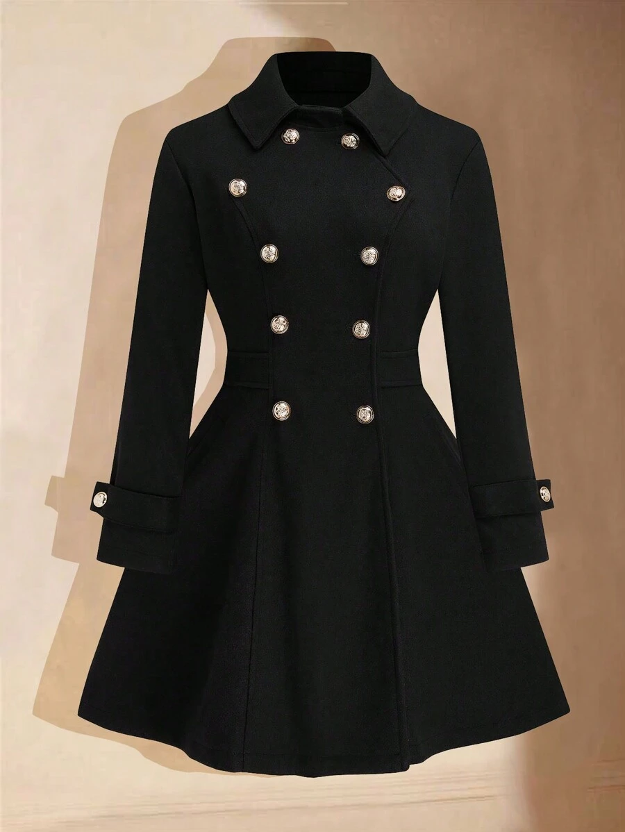 秋冬大码纯色双排扣收腰大衣 - 黑色 - 查看 1