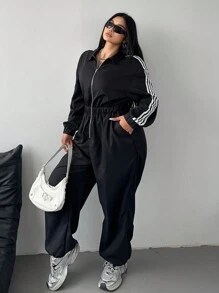 POPSWAY 大码纯色拼接休闲运动简约时尚连体裤 - 黑色 - 查看 1