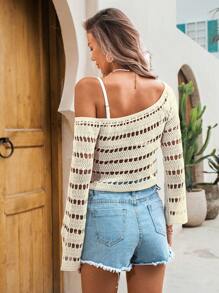 SHEIN Swim 杏色镂空针织喇叭袖露肩露背系带性感短款上衣沙滩套头衫夏季