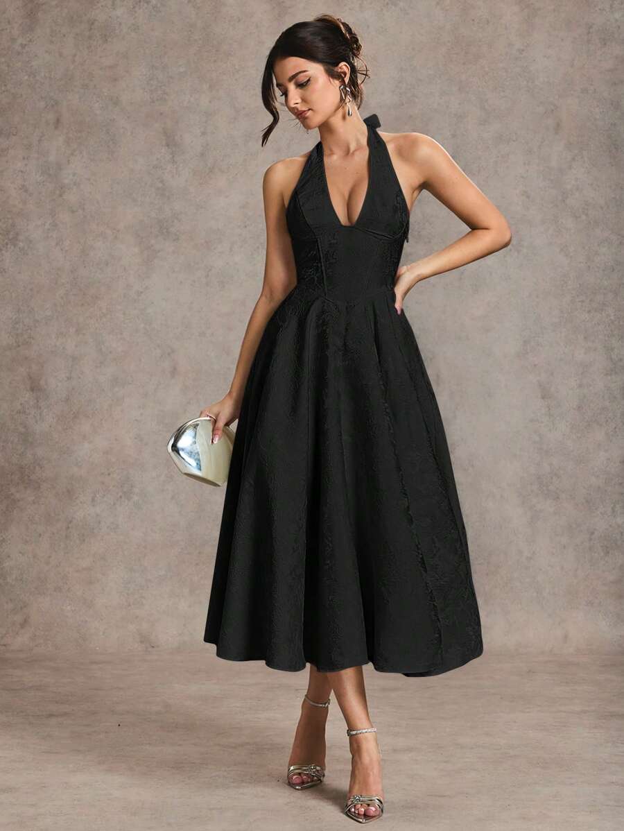 SHEIN BAE Elegant Women Jacquard Puff Tulle Princess Dress With Bow, Suitable For Dates, Outings, Nightclub Parties, Autumn Dress, Costume,Semi-Formal Occasions,Party Dress,Valentine's Day,Valentine Outfits For Women