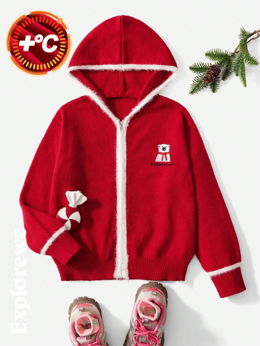 SHEIN 都市休闲风格女孩开衫毛衣，熊刺绣连帽长袖，适合秋冬季户外、学校、派对等场合 - 紅色 - 查看 1