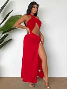 VaVaBold 女士纯色交叉露背高开叉下摆连衣裙，性感 - 紅色 - 查看 6
