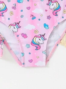 SHEIN Young Girls Cute Cartoon Unicorn Print Ruffle Trim Bikini Set With Beach Skirt Summer Beach, - Multicolor - View 5