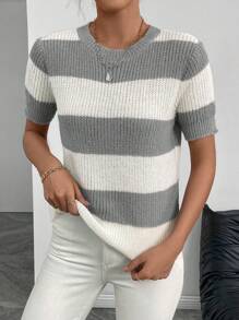 SHEIN LUNE 2022秋冬新款欧美风博主同款别致拼色休闲百搭短袖圆领针织上衣 - 彩色 - 查看 7