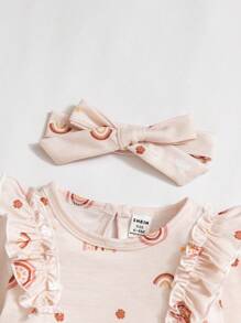 女婴可爱彩虹印花荷叶边长袖连体衣及发带，时尚舒适，适合所有季节，春秋季日常穿着，假日休闲皆宜 - 粉色 - 查看 6