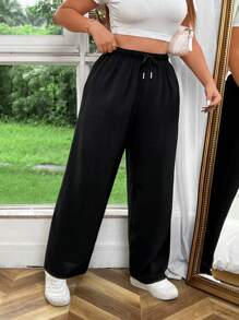Sweetra Pantalones anchos de talla grande de unicolor casual con cordón y cintura elástica