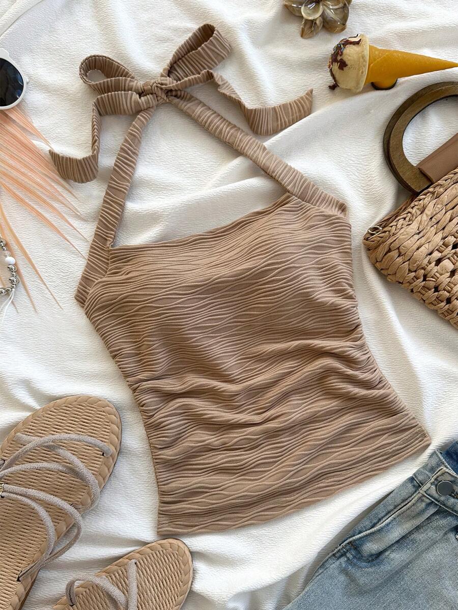 Soleia Women's Vacation Coffee Color Textured Knit Fitted Camisole - Coffee Brown - View 1