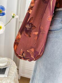 Soleia Plus Size Women's Retro Renaissance Style Brown Boat Neck Lantern Sleeve Cropped Blouse