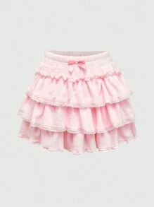 ROMWE Women Kawaii Furry Lace Bow Layered Cake Skirt - Pink - View 1