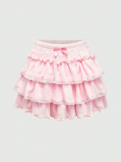 Jupe gâteau à plusieurs couches avec nœud en dentelle et fourrure de style Kawaii pour femmes