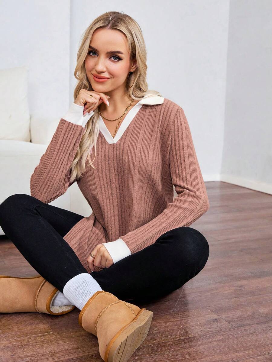 SHEIN LUNE 撞色长袖 Polo 领长款 T 恤，带纹理保暖羊毛，女款，秋冬款