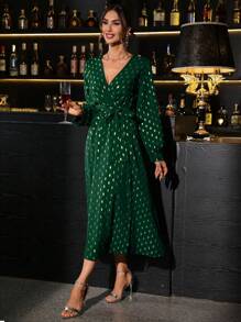 SHEIN Clasi Holiday ClothesWomen's Elegant Floral Print Surplice Neck Lantern Sleeve Belted Dress, Party Style Sequin Dress