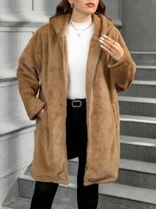 SHEIN Clasi Plus Size Women's Warm Black Faux Rabbit Fur Dropped Shoulder Jacket, Autumn - Brown - View 1