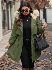 Calvaya Plus Size Women Casual Patchwork Fluffy Hooded Cinched Waist Long Padded Parka Padded Coat, Autumn/Winter
