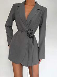 SHEIN Essnce Blazer da donna stile Kochi grigio, con cintura decorata a rose tridimensionali, adatto per San Valentino e occasioni eleganti, stile morbido con cintura