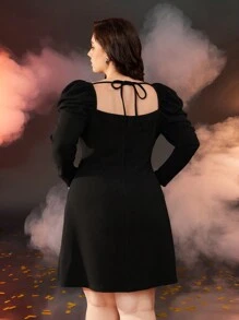 SHEIN MOD 加大码黑色优雅羊腿袖珍珠缀饰迷你连衣裙加大码冬季连衣裙黑色加大码连衣裙