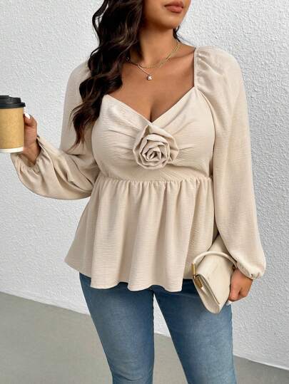 SHEIN Frenchy Plus Size Elegant Casual 3D Floral Doll Shirt