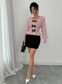 Chiquease 新品圆领长袖蝴蝶结装饰时尚休闲可爱女式套头毛衣 - 藕粉色 - 查看 5