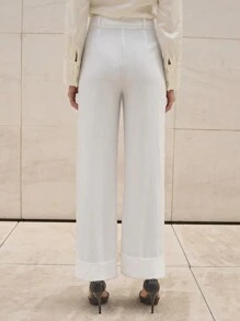 EURMUSE Women's Double Pocket Turnover Hem Pleated Design Straight Leg Casual Elegant Pants - Beige - View 2