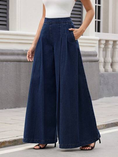 SHEIN Essnce Women's Pleated Pocket Loose Casual Jeans, Everyday Wear