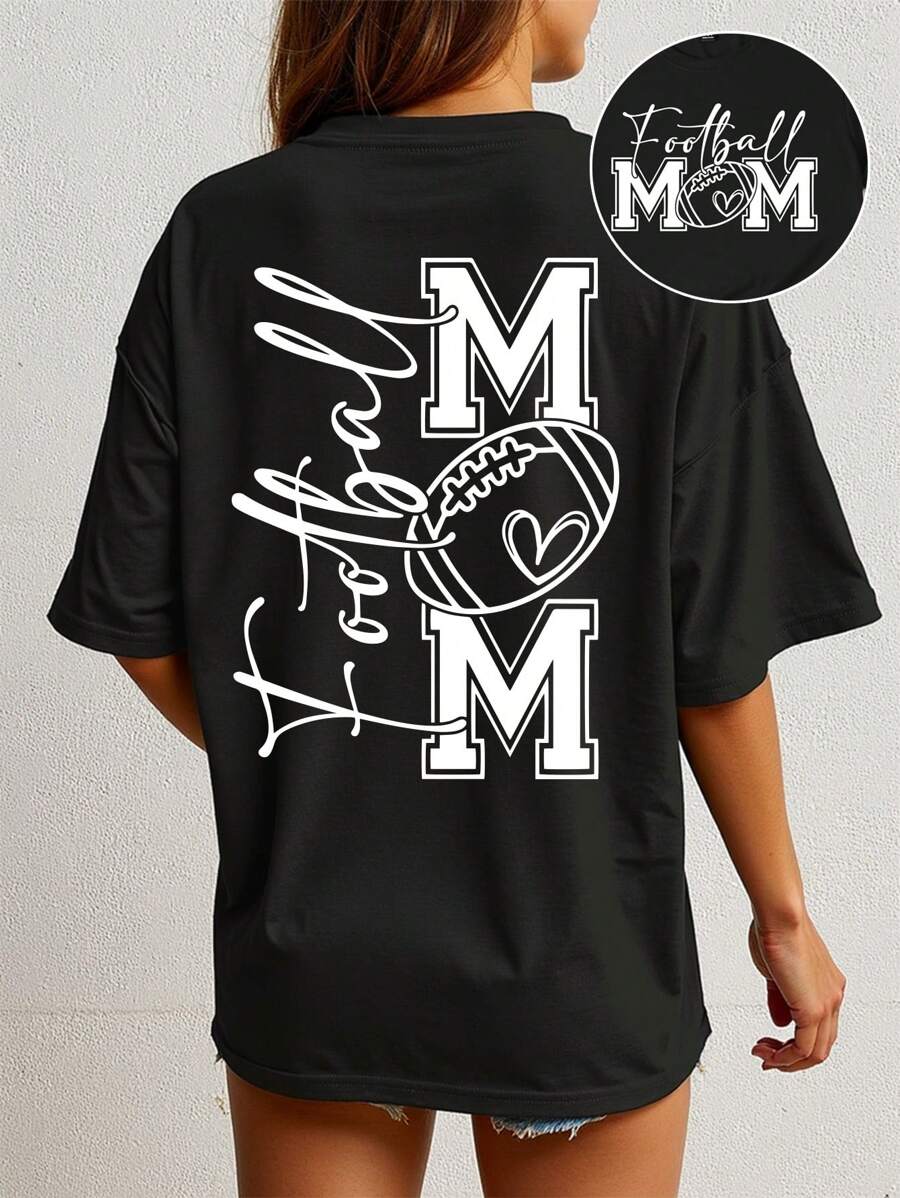 女士休闲趣味足球及口号图案印花落肩短袖 T 恤 - 黑色 - 查看 1