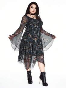 ROMWE Goth 大码不对称下摆哥特式森林蘑菇印花透明喇叭袖低胸休闲海滩度假派对连衣裙 - 黑色 - 查看 6