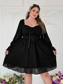 Flirla Robe de soirée courte et formelle unique pour la Saint-Valentin en satin, col en V, manches longues, garniture de volants, décoration de fleurs 3D. Sexy et romantique. - Noir - Voir 6