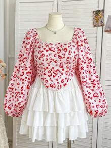 Soleia Blusa de manga farol con cuello barco y estampado de leopardo rosa, talla grande, adecuada para otoño/invierno