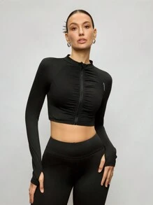 Activina Women Letter Print Ruffle Long Sleeve Cropped Zipper Front Sports Jacket - Black - View 5