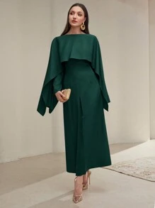 Modelyn 女士纯色圆领拼布阿巴雅长裙，优雅阿拉伯设计长款晚礼服，端庄