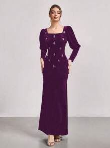 SHEIN Belle Rhinestone Embellished Velvet Long Sleeve Mermaid Dress, New Arrival Stage/Banquet/Party Slimming Gown, Wedding Guest Dress